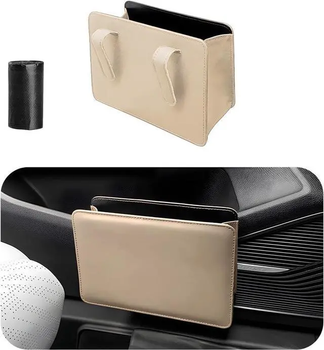 Main image of Yourkar Car Trash Can, Foldable Waterproof Leather Car Garbage Organizer Holder, Automotive Mini Dustbin Container with One Roll Trash Bag, Universal Interior Car Accessories (Beige)