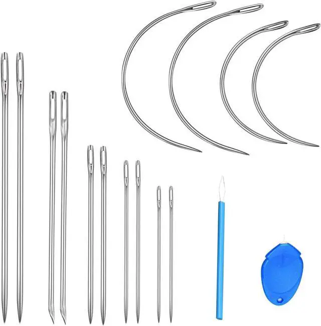 Main image of 14PCS Hand Sewing Needles Kit, Heavy Duty Large Eye Leather Needle | Premium Hand Sewing Needles Kit, Includes 10 Straight & 4 Curved Needles, 2 Threaders for Home Upholstery, Carpet, Canvas