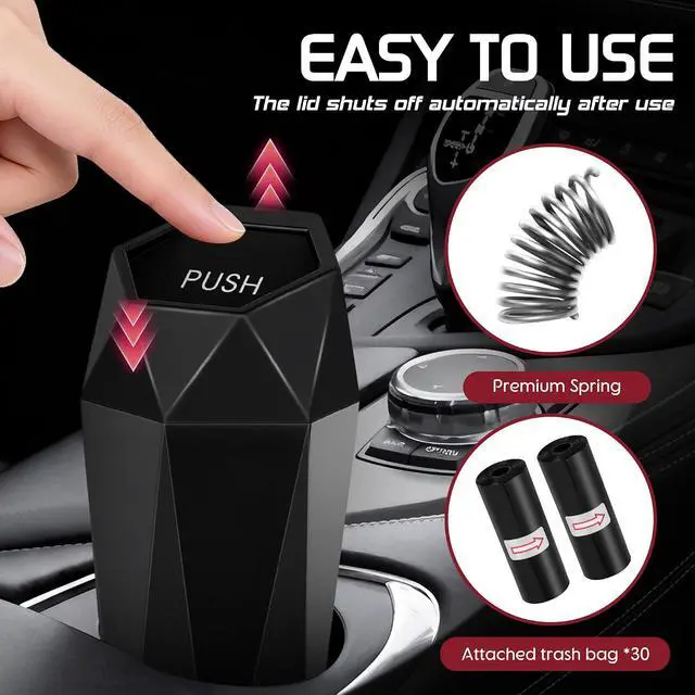 Alt view image 2 of 7 - Car Trash Can with Lid, 30 Additional Trash Bags - Black, 2 Pack | Leakproof Vehicle Garbage Bin, Car Accessories for Interior, Multipurpose Organizers Mini Trash Can for Cars, Home, Office
