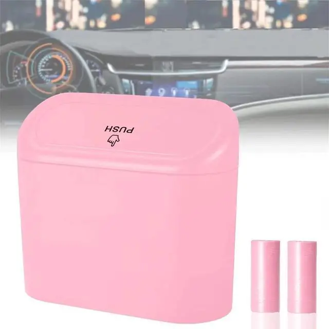 Main image of Car Trash Can, Mini Trunk Push Hanging Portable Car Bin with 2 roll Disposable Trash Bag for Vehicle Home, Office. (Car Trash can Pink)