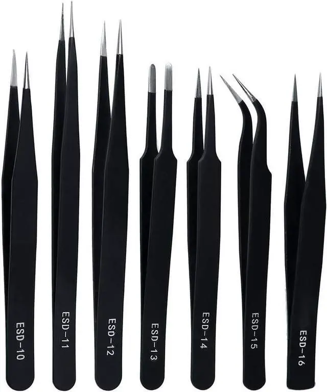Main image of ZHIYE Precision ESD Anti-Static Tweezers, 7 pcs Stainless Steel Tweezers Set for Electronics, Jewelry-making, Laboratory Work, Repairing, Hobbies