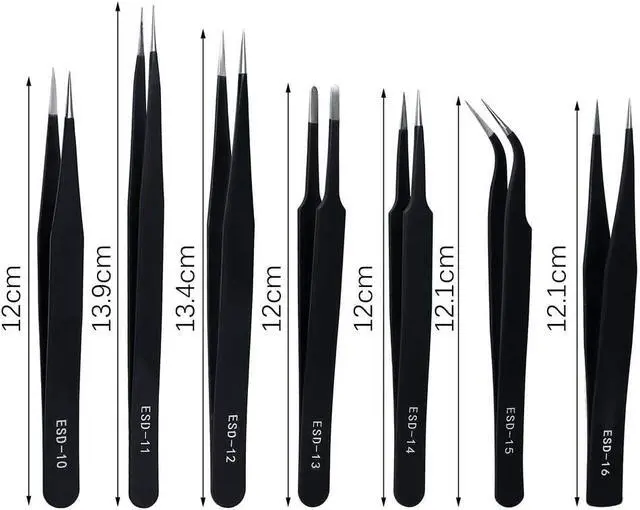 Alt view image 2 of 7 - ZHIYE Precision ESD Anti-Static Tweezers, 7 pcs Stainless Steel Tweezers Set for Electronics, Jewelry-making, Laboratory Work, Repairing, Hobbies