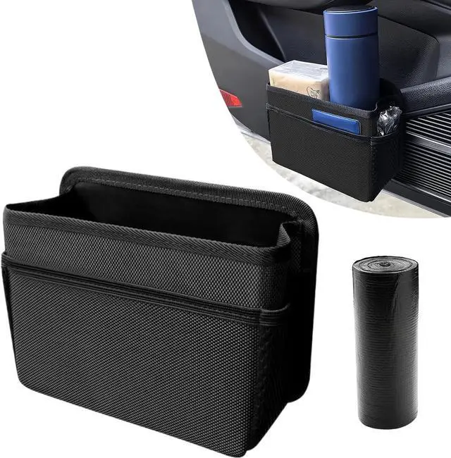 Main image of Car Trash Can, Foldable Mini Car Trash Can with 1 Roll Garbage Bag, Hanging Vehicle Garbage Organizer Holder, Automotive Interior Accessories Waterproof Storage Box (Black)