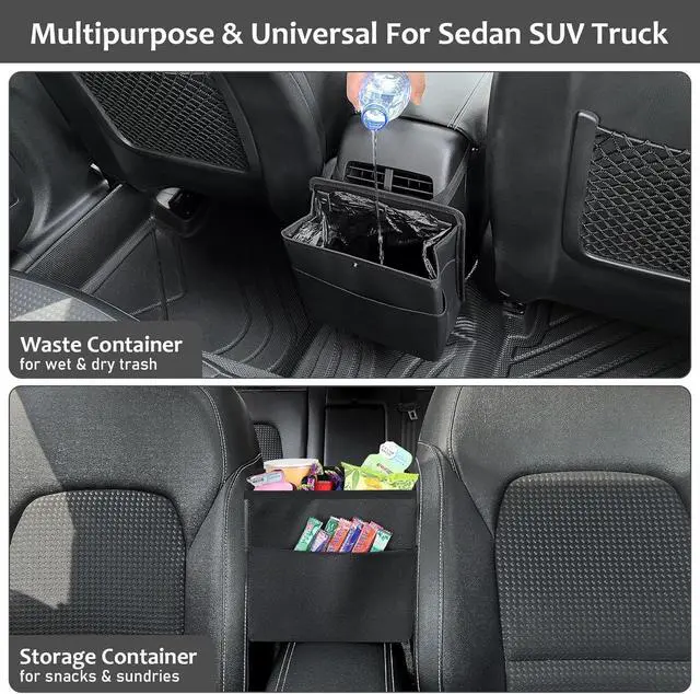 Alt view image 5 of 7 - Accmor Car Trash Can with Pocket, Small Vehicle Dustbin Automotive Garbage Organizer Bin with 60 Pcs Trash Bags, Hanging Cars Storage Container for SUV Vans (Black)