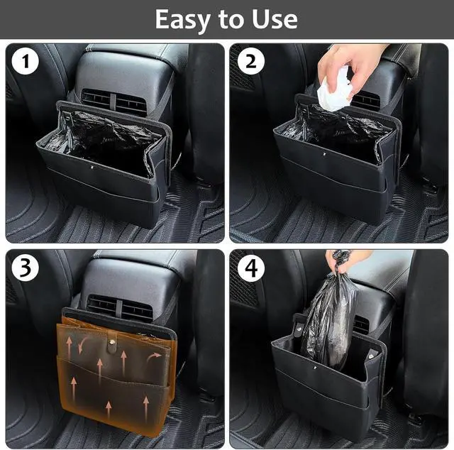 Alt view image 4 of 7 - Accmor Car Trash Can with Pocket, Small Vehicle Dustbin Automotive Garbage Organizer Bin with 60 Pcs Trash Bags, Hanging Cars Storage Container for SUV Vans (Black)