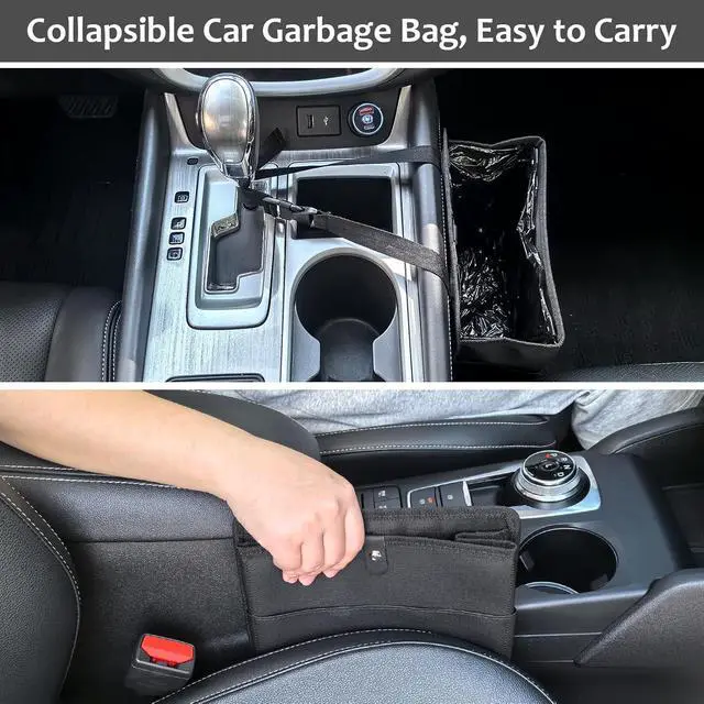 Alt view image 7 of 7 - Accmor Car Trash Can with Pocket, Small Vehicle Dustbin Automotive Garbage Organizer Bin with 60 Pcs Trash Bags, Hanging Cars Storage Container for SUV Vans (Black)