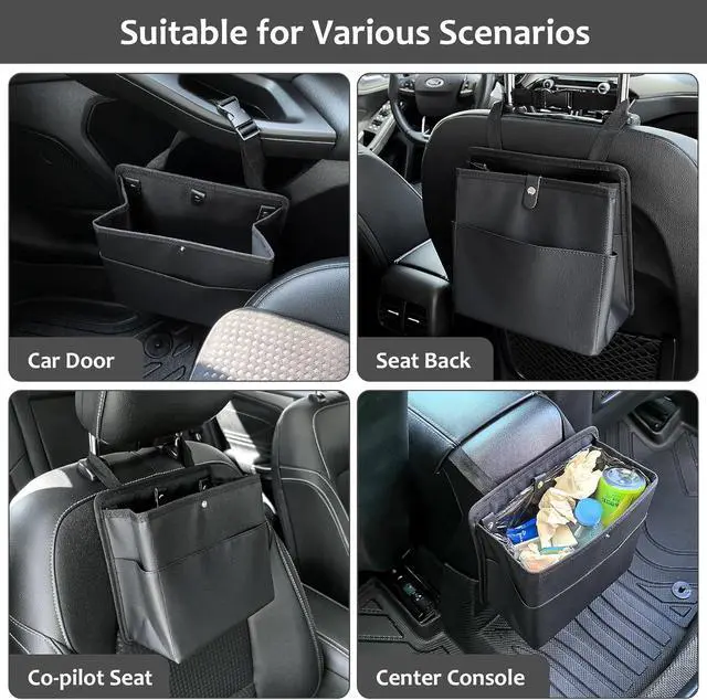 Alt view image 6 of 7 - Accmor Car Trash Can with Pocket, Small Vehicle Dustbin Automotive Garbage Organizer Bin with 60 Pcs Trash Bags, Hanging Cars Storage Container for SUV Vans (Black)
