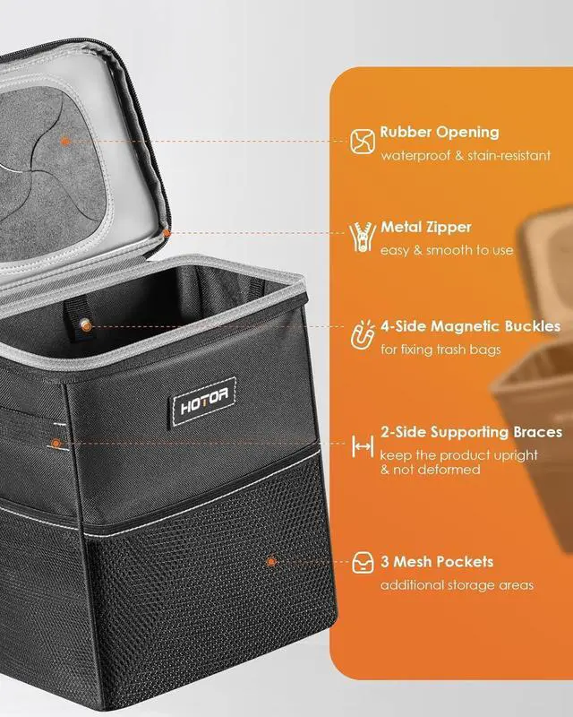 Alt view image 3 of 7 - HOTOR Car Trash Can, Compact Waterproof Organizer, Leak-Proof Bin, 2-Gallon | Black, Multifunctional Car Accessory with Adjustable Straps & Magnetic Snaps for Interior Car Storage