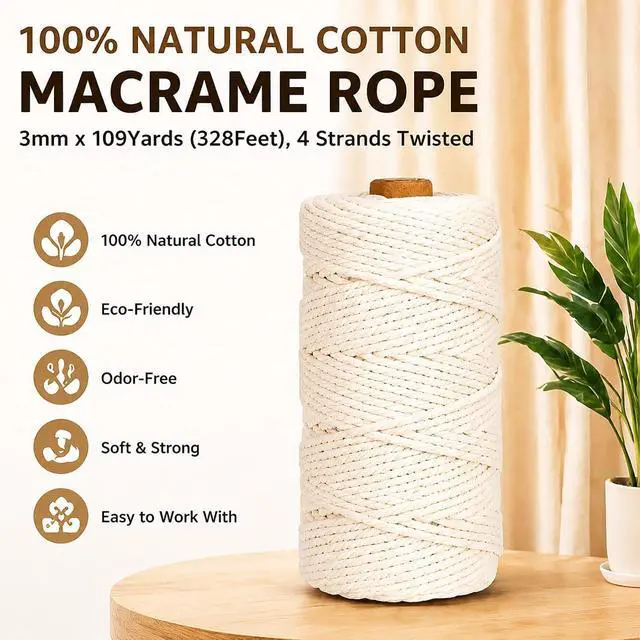 Alt view image 2 of 7 - Natural Cotton Macrame Rope - 3mm x 109Yards (328Feet), 4 Strands Twisted Cotton Cord for Wall Hanging, Plant Hangers, Crafts, Gift Wrapping and Wedding Decorations, Beige