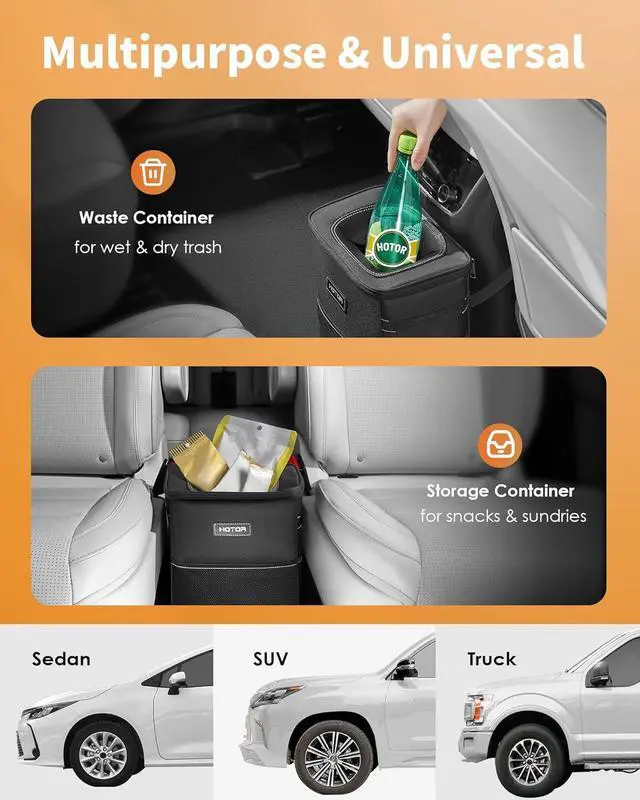 Alt view image 6 of 7 - HOTOR Car Trash Can, Compact Waterproof Organizer, Leak-Proof Bin, 2-Gallon | Black, Multifunctional Car Accessory with Adjustable Straps & Magnetic Snaps for Interior Car Storage