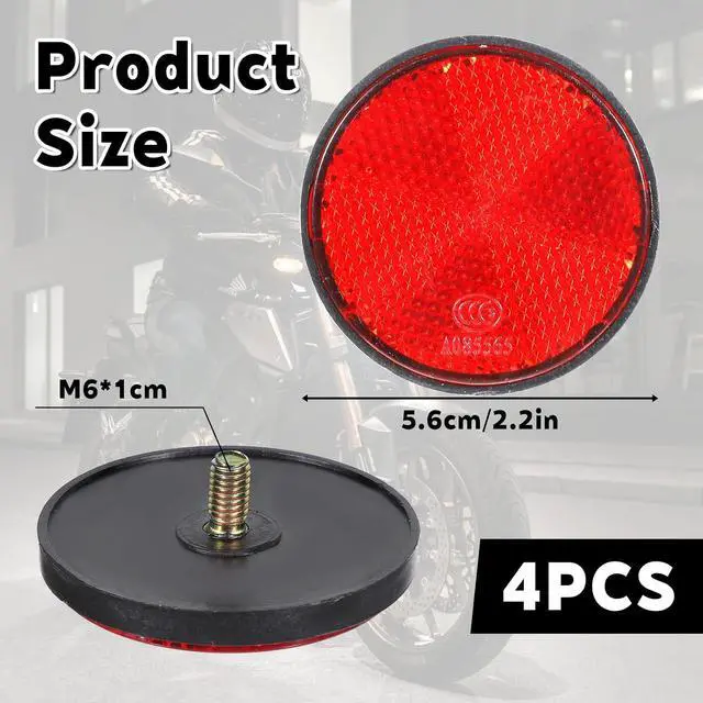 Alt view image 2 of 7 - 4 PCS Round Motorcycle Reflectors, Universal M6 x 1.0 Screw Mount Safety Warning Reflector for Bicycles, Scooters, Dirt Bikes and ATVs (Red, 2.2 Inch)