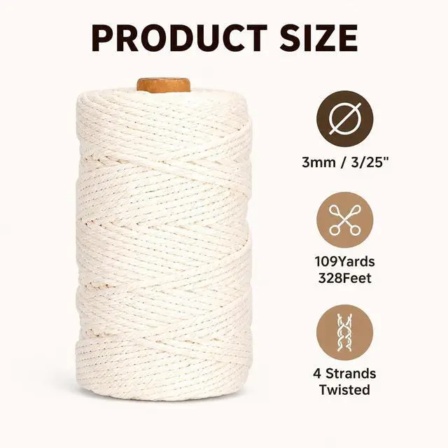 Alt view image 3 of 7 - Natural Cotton Macrame Rope - 3mm x 109Yards (328Feet), 4 Strands Twisted Cotton Cord for Wall Hanging, Plant Hangers, Crafts, Gift Wrapping and Wedding Decorations, Beige