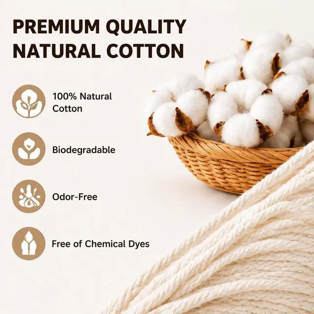 Alt view image 4 of 7 - Natural Cotton Macrame Rope - 3mm x 109Yards (328Feet), 4 Strands Twisted Cotton Cord for Wall Hanging, Plant Hangers, Crafts, Gift Wrapping and Wedding Decorations, Beige