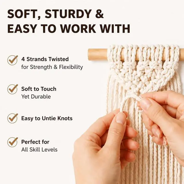Alt view image 5 of 7 - Natural Cotton Macrame Rope - 3mm x 109Yards (328Feet), 4 Strands Twisted Cotton Cord for Wall Hanging, Plant Hangers, Crafts, Gift Wrapping and Wedding Decorations, Beige