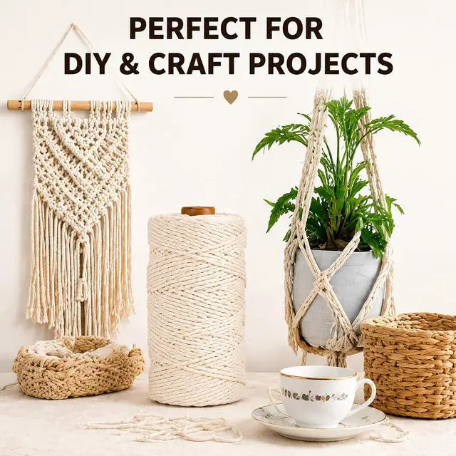 Alt view image 7 of 7 - Natural Cotton Macrame Rope - 3mm x 109Yards (328Feet), 4 Strands Twisted Cotton Cord for Wall Hanging, Plant Hangers, Crafts, Gift Wrapping and Wedding Decorations, Beige