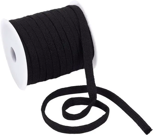 Main image of BENECREAT Black Flat Cotton Drawstring Cord, 8mm Wide, 27 Yards | Replacement Cord Rope, Flat Soft Cord with Plastic Empty Spools for Garment Accessories Sports Pants Sweater