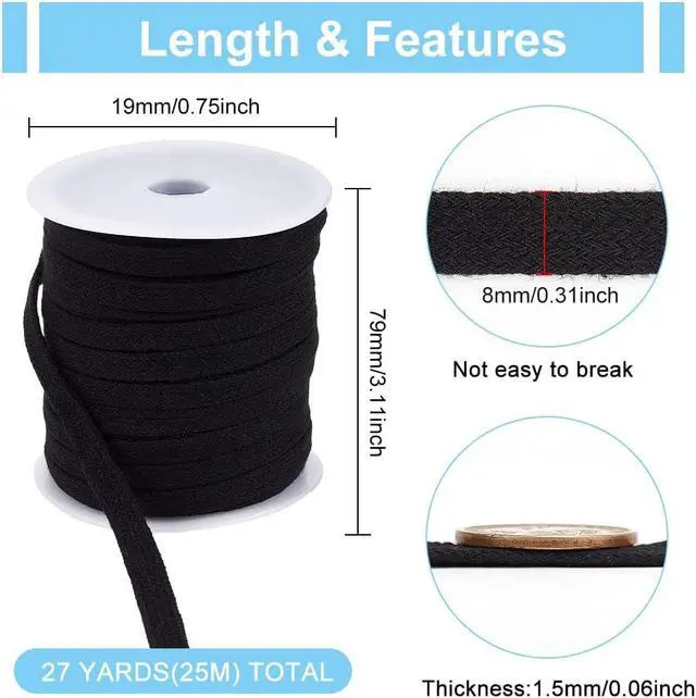 Alt view image 2 of 7 - BENECREAT Black Flat Cotton Drawstring Cord, 8mm Wide, 27 Yards | Replacement Cord Rope, Flat Soft Cord with Plastic Empty Spools for Garment Accessories Sports Pants Sweater