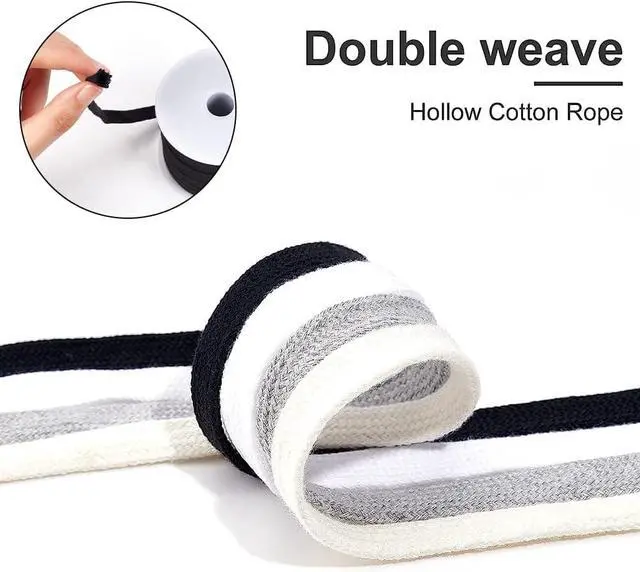 Alt view image 4 of 7 - BENECREAT Black Flat Cotton Drawstring Cord, 8mm Wide, 27 Yards | Replacement Cord Rope, Flat Soft Cord with Plastic Empty Spools for Garment Accessories Sports Pants Sweater