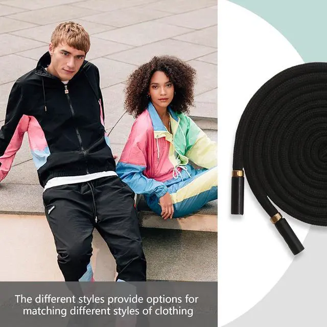 Alt view image 4 of 6 - BOROLA 1Pcs 51 Inch Fashionable Durable Cotton Drawstring, Premium Hoodie, Sports Pants, Shorts Universal Drawstring Replacement (Black Rope, Cylinder Metal Head)