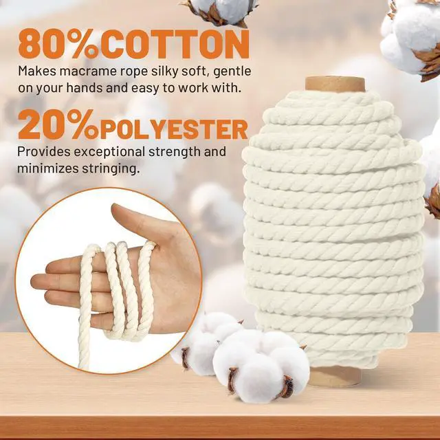 Alt view image 4 of 7 - RIOOP Macrame Cord 8.5mm x 39 ft Natural White 3-Strand Twisted Cotton Rope | for Wall Hanging, Plant Hangers, Knitting, DIY Crafts, Basket Making