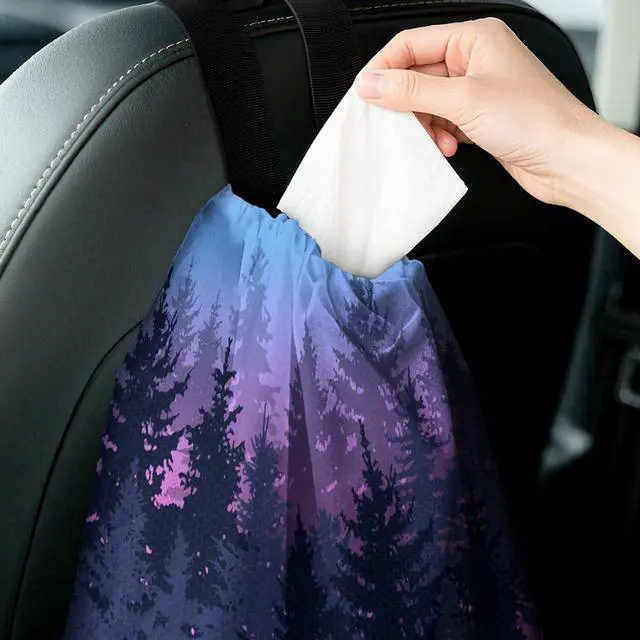 Alt view image 5 of 5 - Car Trash Bag Hanging Back of Seat with Adjustable Snap Buckle Strap Cute Printed Drawstring Garbage Bags for Car-Forest Blue Purple