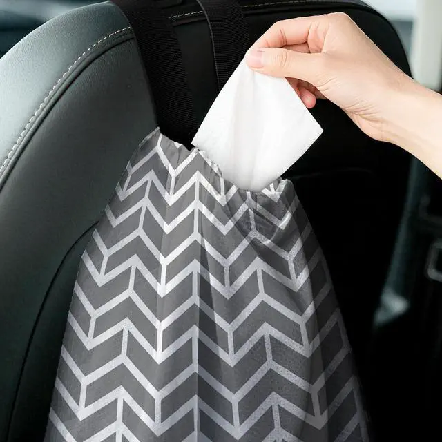 Alt view image 5 of 6 - Car Trash Bag Hanging Back of Seat with Adjustable Snap Buckle Strap Cute Printed Drawstring Garbage Bags for Car-Grey White