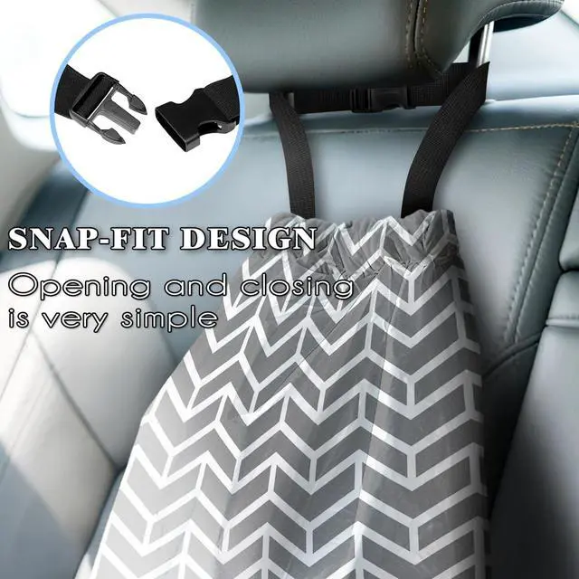 Alt view image 6 of 6 - Car Trash Bag Hanging Back of Seat with Adjustable Snap Buckle Strap Cute Printed Drawstring Garbage Bags for Car-Grey White
