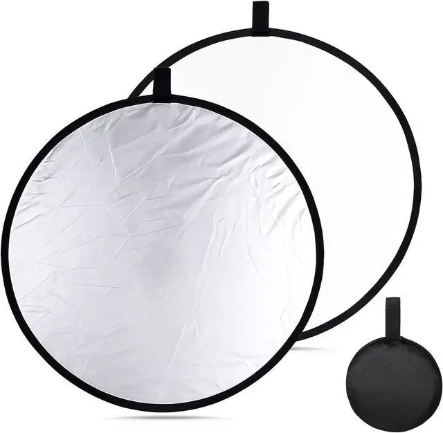 Main image of Round Folding Portable Photography Reflector, 2 in 1 Lighting Reflectors, Camera Photo Reflector Diffuser, Light Reflectors for Portrait Photography, Still Life Fill Light (18inch/45cm, Silver, White)