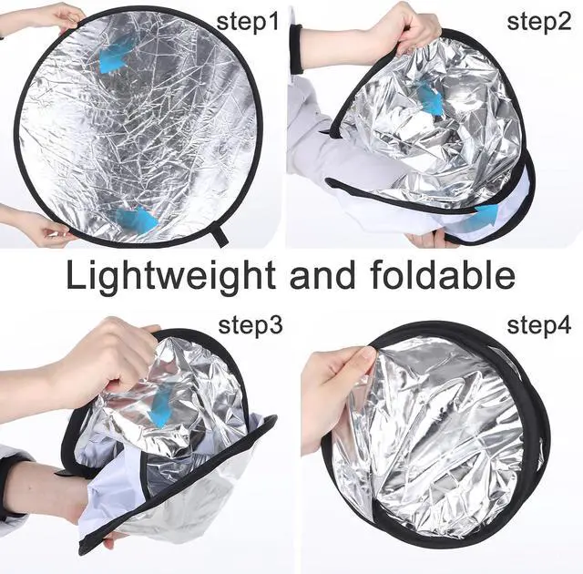 Alt view image 2 of 7 - Round Folding Portable Photography Reflector, 2 in 1 Lighting Reflectors, Camera Photo Reflector Diffuser, Light Reflectors for Portrait Photography, Still Life Fill Light (18inch/45cm, Silver, White)