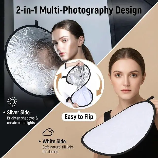 Alt view image 6 of 7 - Round Folding Portable Photography Reflector, 2 in 1 Lighting Reflectors, Camera Photo Reflector Diffuser, Light Reflectors for Portrait Photography, Still Life Fill Light (18inch/45cm, Silver, White)