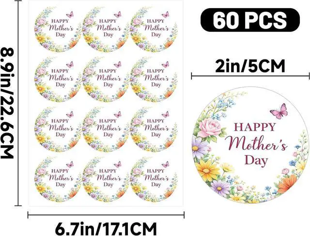 Alt view image 2 of 7 - Alynta Happy Mothers Day Stickers 2 Inch 60Pcs Mother's Day Stickers | Large Round Mothers Day Gift Sticker Self-Adhesive Floral Sticker Labels for Envelope Seals Cards Party Favors (Multicolor)