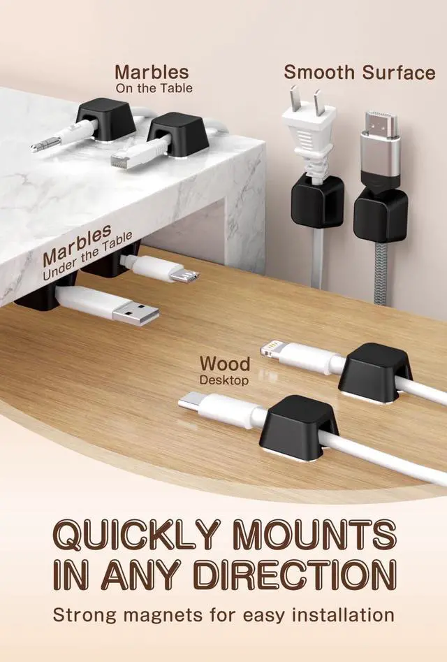 Alt view image 2 of 7 - Maveek Magnetic Cord Clips, Cable Holder Magnet Silicone Cord Organizer Keyboard Keys Square Cable Management for Charging USB C Ethernet HDMI Home Office Car TV Cables (5 Pack, Black)