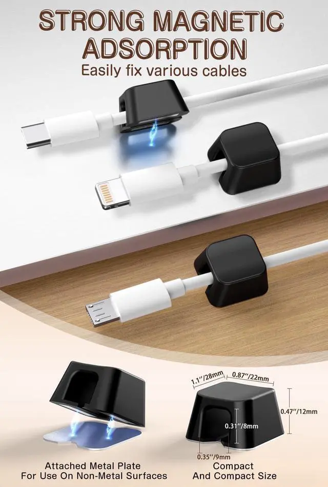 Alt view image 6 of 7 - Maveek Magnetic Cord Clips, Cable Holder Magnet Silicone Cord Organizer Keyboard Keys Square Cable Management for Charging USB C Ethernet HDMI Home Office Car TV Cables (5 Pack, Black)