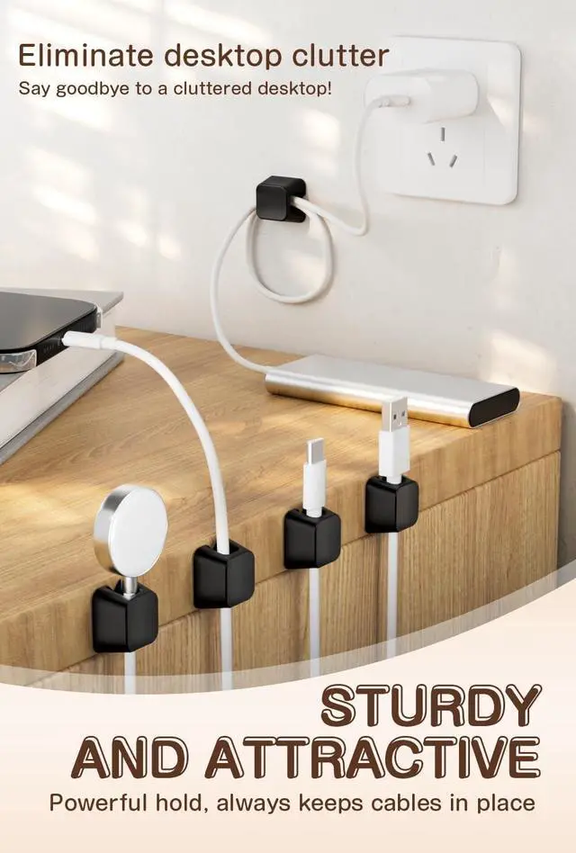 Alt view image 7 of 7 - Maveek Magnetic Cord Clips, Cable Holder Magnet Silicone Cord Organizer Keyboard Keys Square Cable Management for Charging USB C Ethernet HDMI Home Office Car TV Cables (5 Pack, Black)