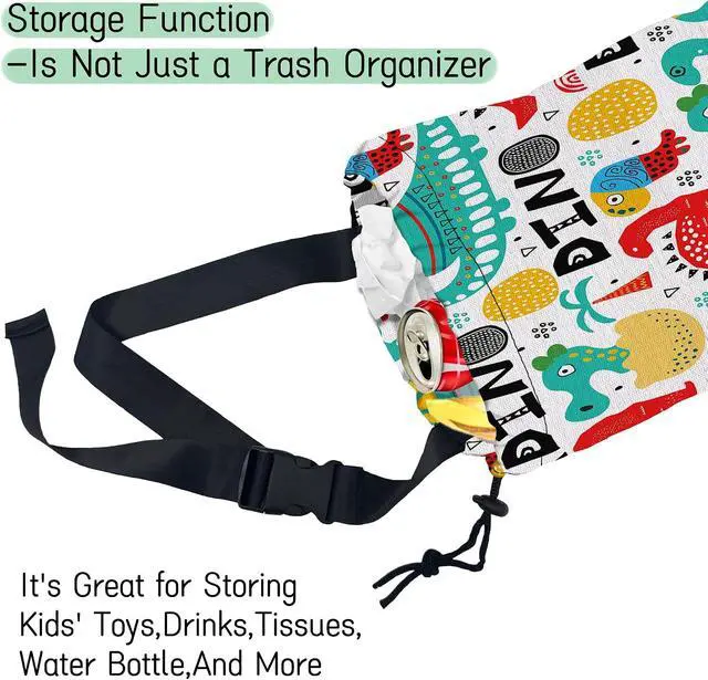 Alt view image 4 of 7 - Cartoon Dinosaur Car Trash Bag,Palms Hanging Drawstring Car Garbage Bag,Waterproof Canvas Car Back Seat Organizer with Adjustable Buckle,for Vehicles,SUVs,Camping,Road Trips