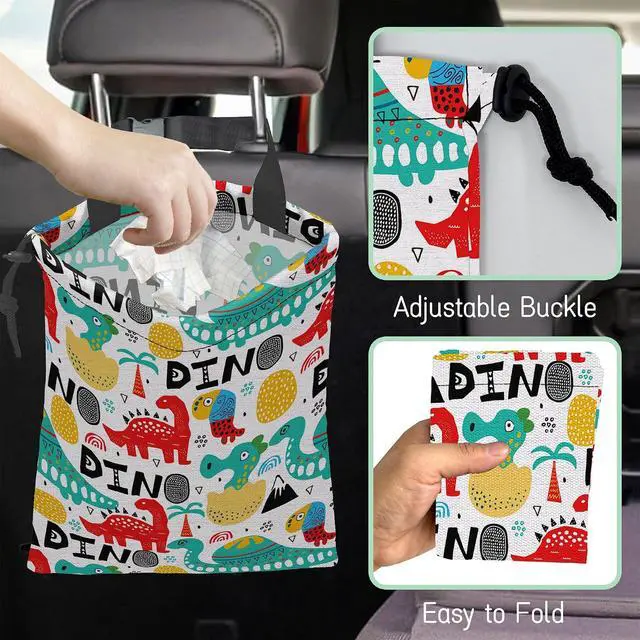 Alt view image 6 of 7 - Cartoon Dinosaur Car Trash Bag,Palms Hanging Drawstring Car Garbage Bag,Waterproof Canvas Car Back Seat Organizer with Adjustable Buckle,for Vehicles,SUVs,Camping,Road Trips