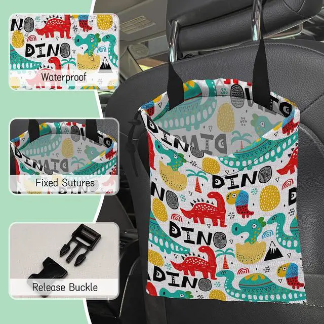 Alt view image 5 of 7 - Cartoon Dinosaur Car Trash Bag,Palms Hanging Drawstring Car Garbage Bag,Waterproof Canvas Car Back Seat Organizer with Adjustable Buckle,for Vehicles,SUVs,Camping,Road Trips