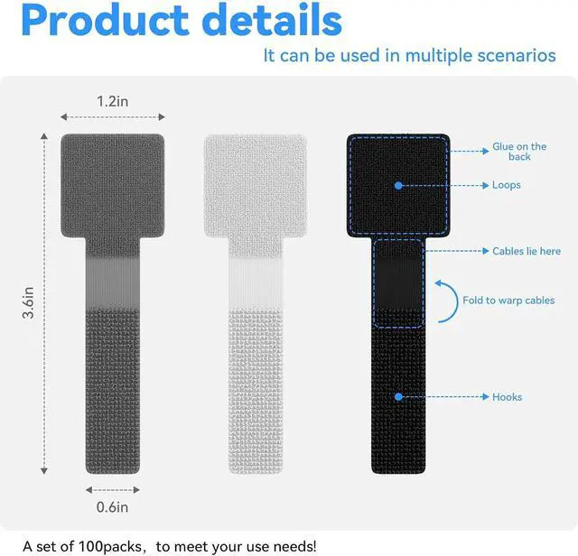 Alt view image 3 of 5 - 100Pcs Cable Straps Hook and Loop Cable Ties - Cable Holder for Desk Cable Management Under Desk - Computer Cord Organizer for Home Office Gaming Setup - Grey