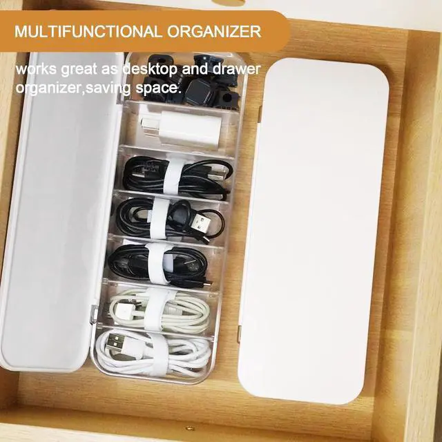 Alt view image 2 of 6 - Cable Organizer Box with 7 Wire Ties and 6 Magnetic Cable Clips, Desktop Cord Management Box with Dividers and Lid for Home Office Storage White