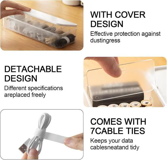 Alt view image 4 of 6 - Cable Organizer Box with 7 Wire Ties and 6 Magnetic Cable Clips, Desktop Cord Management Box with Dividers and Lid for Home Office Storage White