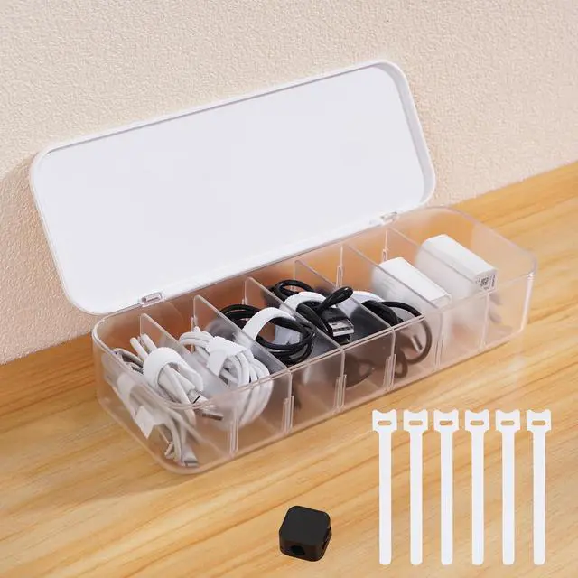 Main image of Cable Organizer Box with 7 Wire Ties and 6 Magnetic Cable Clips, Desktop Cord Management Box with Dividers and Lid for Home Office Storage White