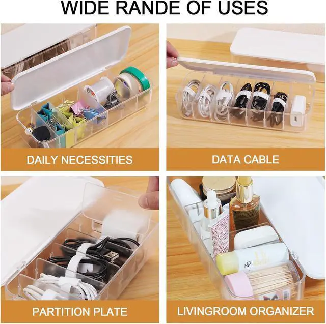 Alt view image 5 of 6 - Cable Organizer Box with 7 Wire Ties and 6 Magnetic Cable Clips, Desktop Cord Management Box with Dividers and Lid for Home Office Storage White