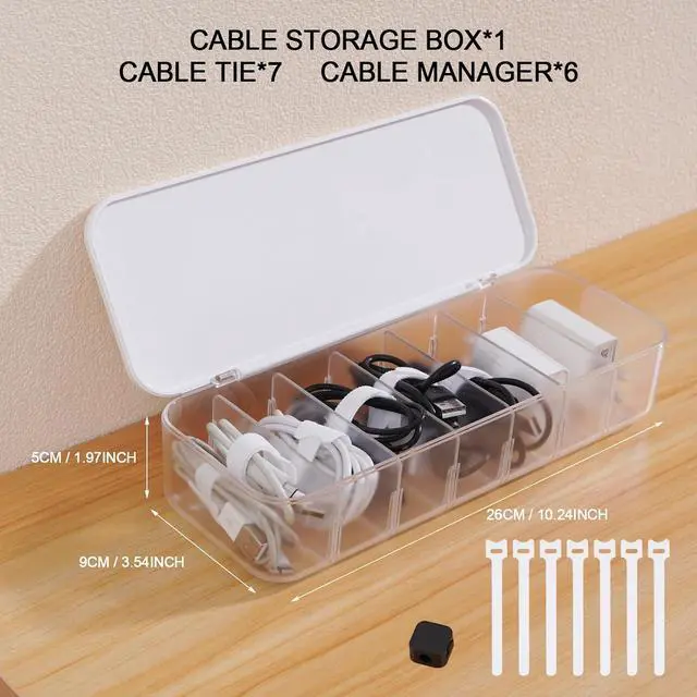 Alt view image 6 of 6 - Cable Organizer Box with 7 Wire Ties and 6 Magnetic Cable Clips, Desktop Cord Management Box with Dividers and Lid for Home Office Storage White