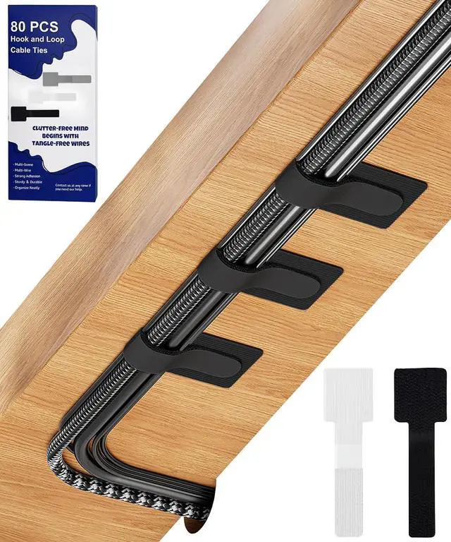 Main image of 80PCS Hook and Loop Cable Ties, Under Desk Cable Management, Adhesive Cable Straps, Cord Management Hider Idea, Cord Organizer for Desk, Computer Accessories, Home Office Organization, Black+White