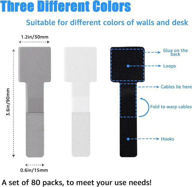Alt view image 3 of 7 - 80PCS Hook and Loop Cable Ties, Under Desk Cable Management, Adhesive Cable Straps, Cord Management Hider Idea, Cord Organizer for Desk, Computer Accessories, Home Office Organization, Black+White