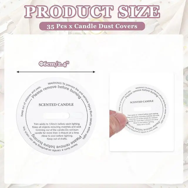Alt view image 2 of 6 - MECCANIXITY 60 Pcs Candle Dust Covers, 6cm/2.4" Round Printed Translucent Candles Drip Protectors Lid Accessories Letter Pattern for Craft Fragrance Making Jars Boxes Packaging