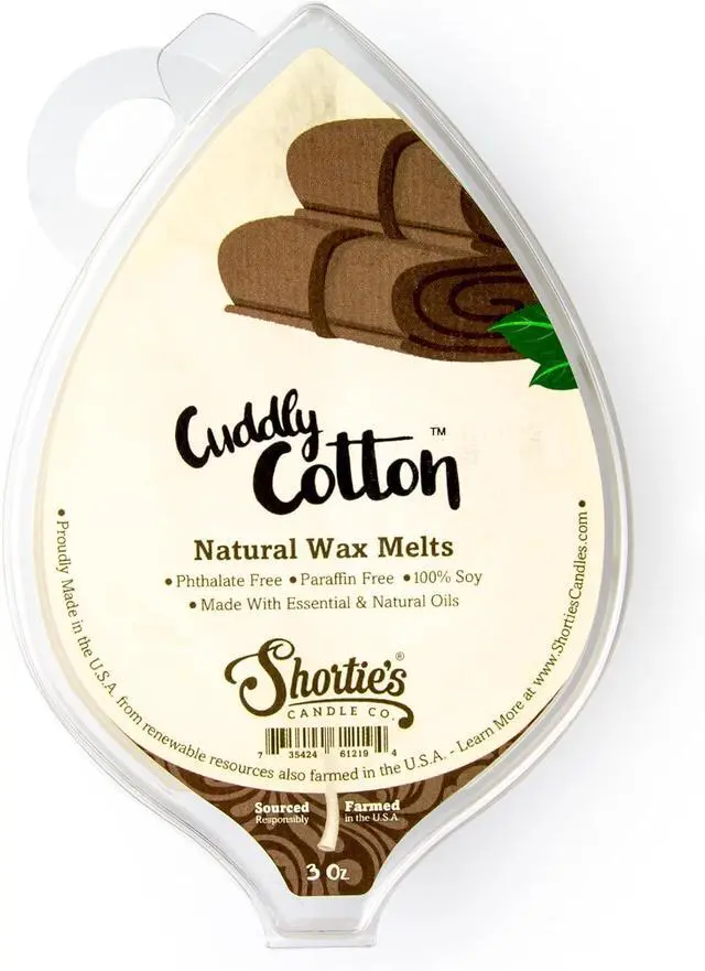 Main image of Shortie's Candle Company Cuddly Cotton Natural Soy Wax Melts - 1 Highly Scented 3 Oz. Bar - Made with 100% Soy and Essential Fragrance Oils - Phthalate & Paraffin Free, Vegan, Non-Toxic