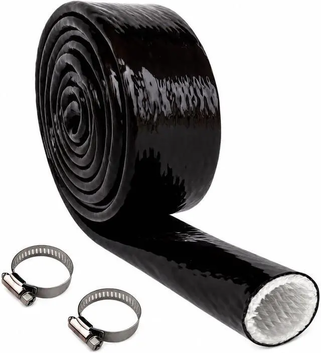 Main image of 1/4 Inch (6.5mm) ID Heat Shielded Fire Thermo Armor Fire Sleeve Silicone Coated Fiberglass Heat Protection w/ 2 Clamps for Automotive Hose Lines & Electrical Wiring (Black, 5FT)