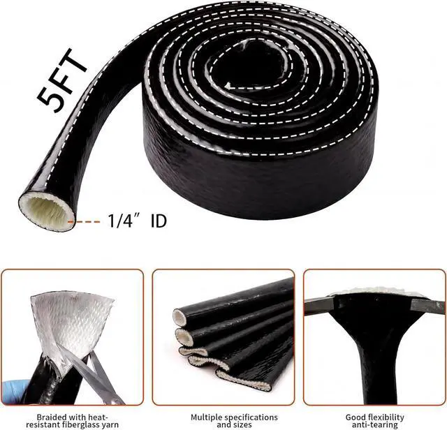 Alt view image 2 of 5 - 1/4 Inch (6.5mm) ID Heat Shielded Fire Thermo Armor Fire Sleeve Silicone Coated Fiberglass Heat Protection w/ 2 Clamps for Automotive Hose Lines & Electrical Wiring (Black, 5FT)