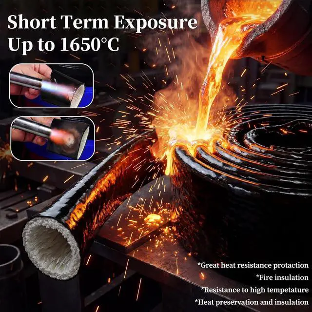 Alt view image 3 of 5 - 1/4 Inch (6.5mm) ID Heat Shielded Fire Thermo Armor Fire Sleeve Silicone Coated Fiberglass Heat Protection w/ 2 Clamps for Automotive Hose Lines & Electrical Wiring (Black, 5FT)